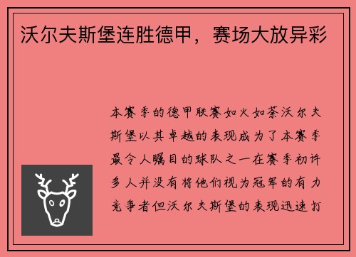 沃尔夫斯堡连胜德甲，赛场大放异彩